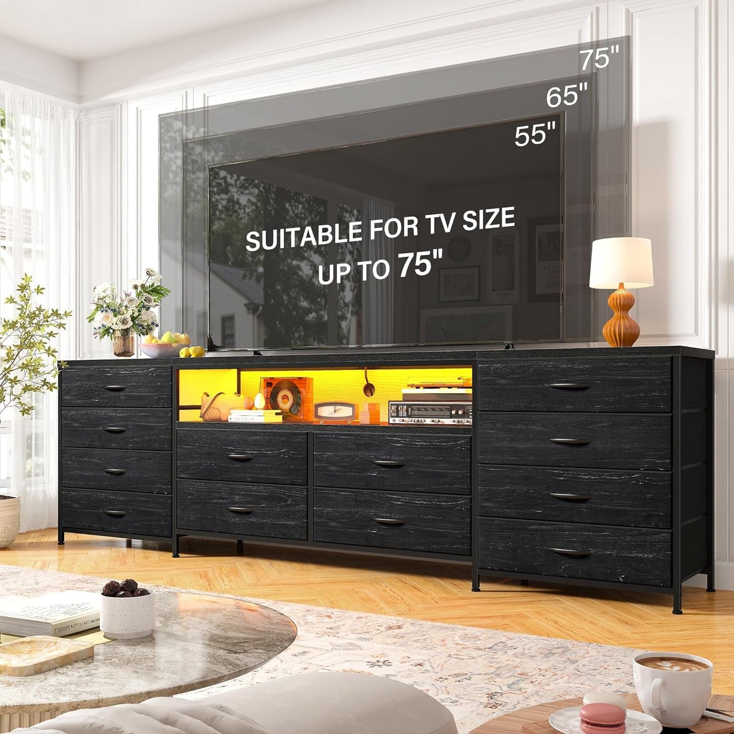 Black Dresser With 75 Inch TV Stand For Living Room