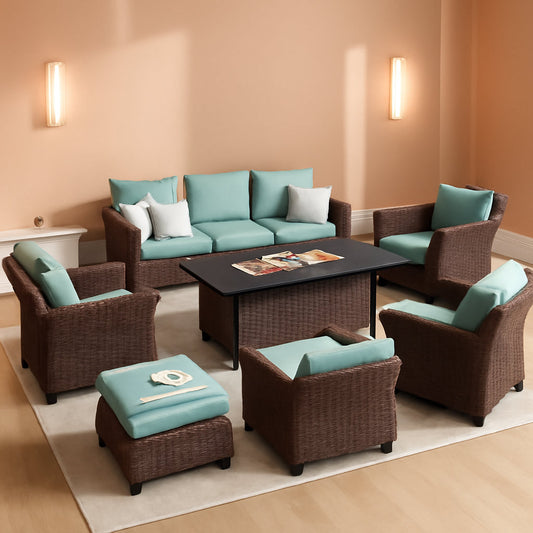 Brown Wicker Patio Furniture Set With Fire Pit Table