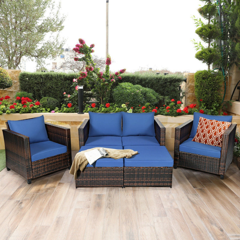 5 Piece Patio Rattan Furniture Set With Removable Cushions