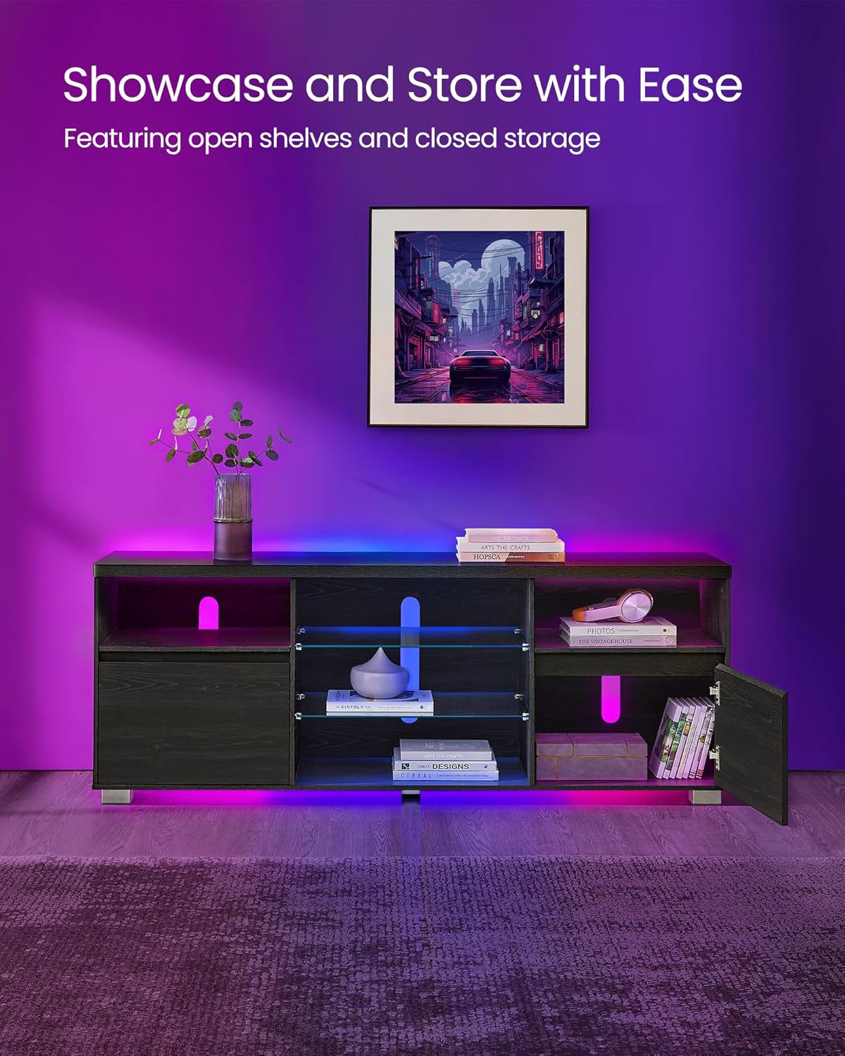 63 Inch LED TV Stand With Glass Shelves And Cabinet Doors