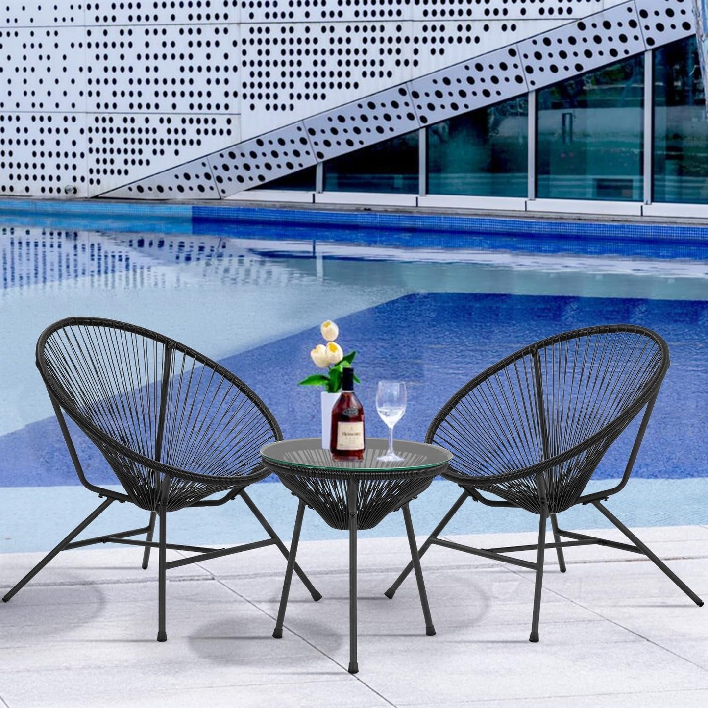 Acapulco 3 Piece Patio Bistro Set With Glass Top Table Black