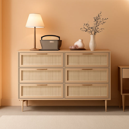 Natural Rattan Dresser With Six Drawers Bedroom Storage