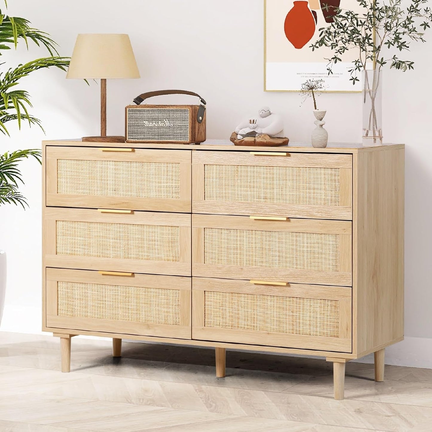 Natural Rattan Dresser With Six Drawers Bedroom Storage