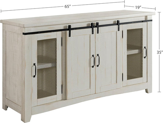 65 Inch Solid Wood TV Stand In Antique White With Storage