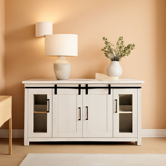 65 Inch Solid Wood TV Stand In Antique White With Storage