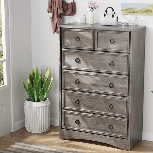 Gray Wash Tall Dresser 6 Drawer Bedroom Storage Cabinet