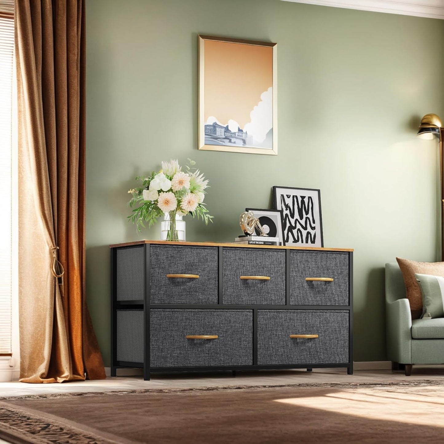 5-Drawer Fabric Storage Dresser With Wooden Top For Bedroom