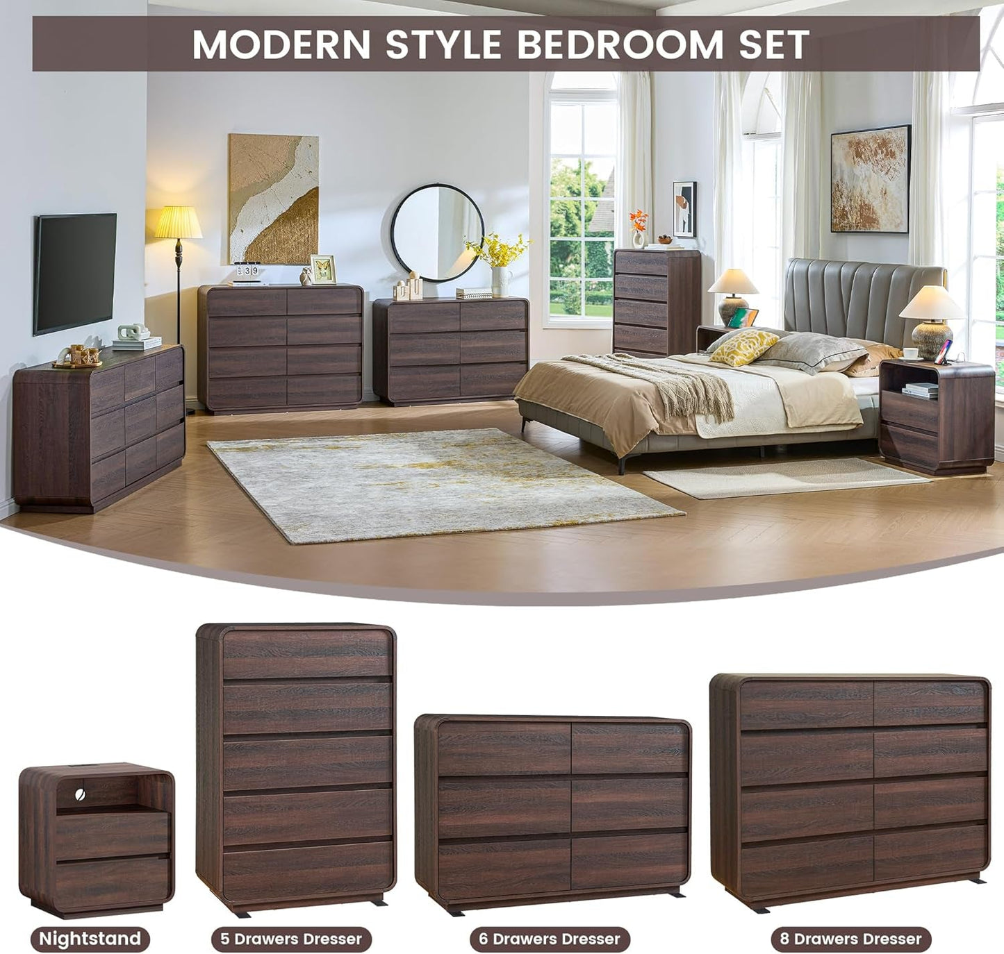 Walnut 6 Drawer Dresser Curved 47 Inch Bedroom Storage