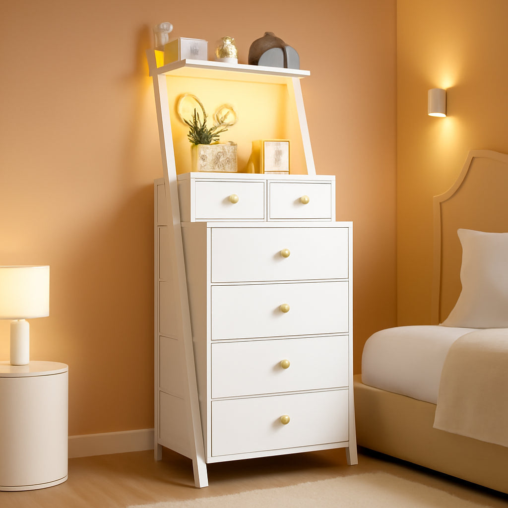 Vertical LED Dresser 6 Drawers White Bedroom Chest