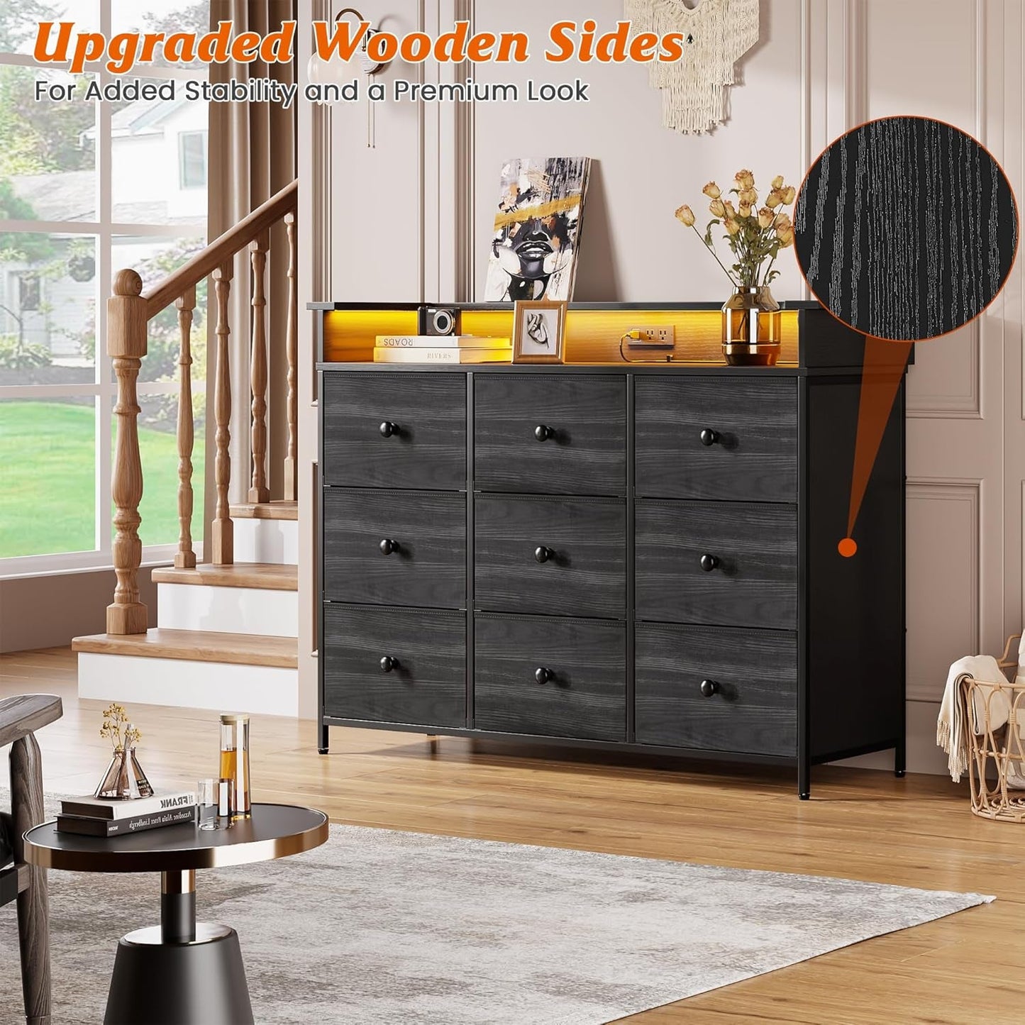 9 Drawer Dresser And TV Stand With LED Light For Bedroom