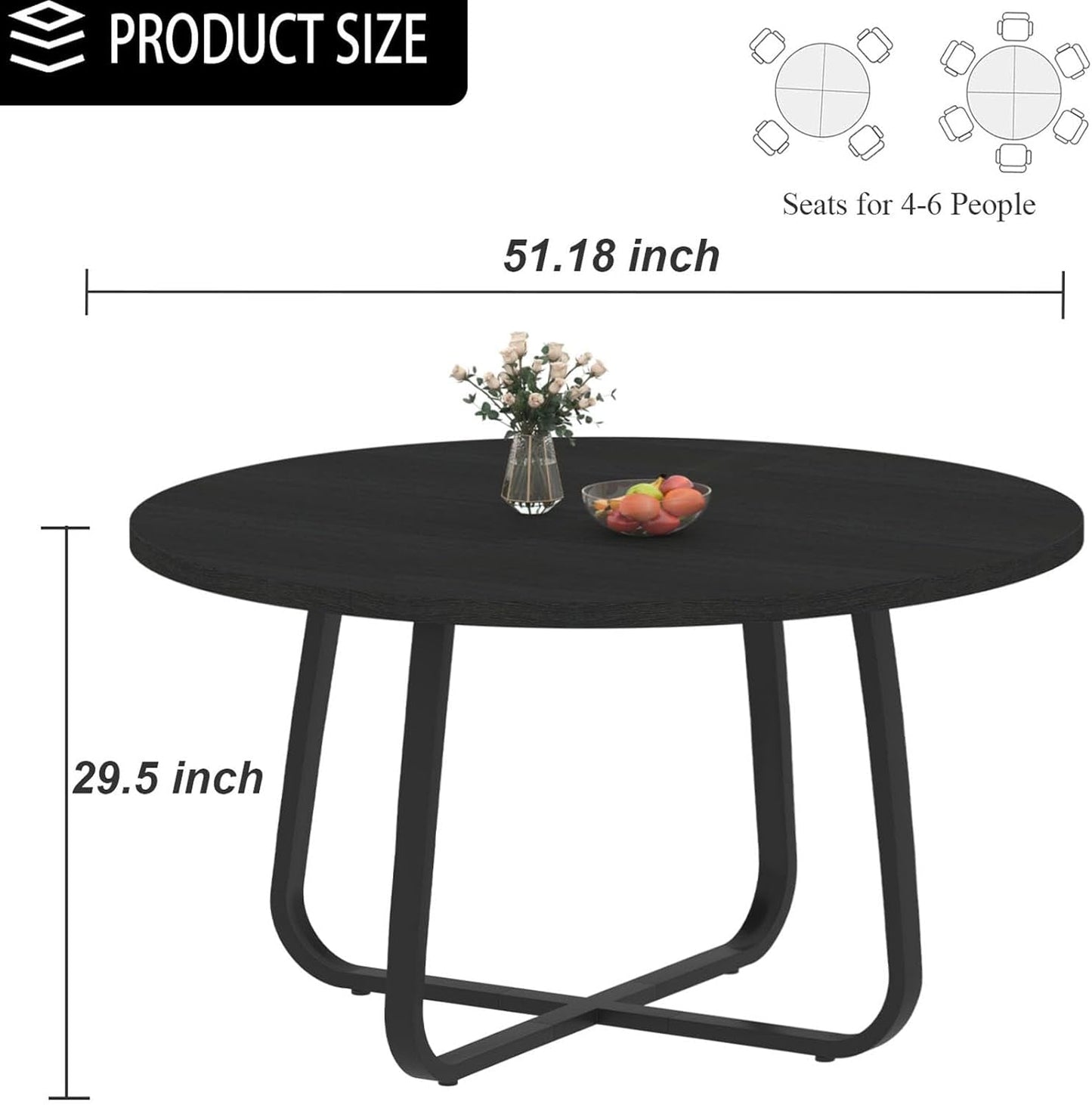 Circular Dining Table 51 Inch Black Oak Wood Finish