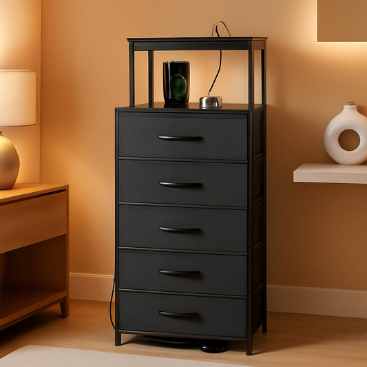 Black Five Drawer Dresser With Integrated Charging Station
