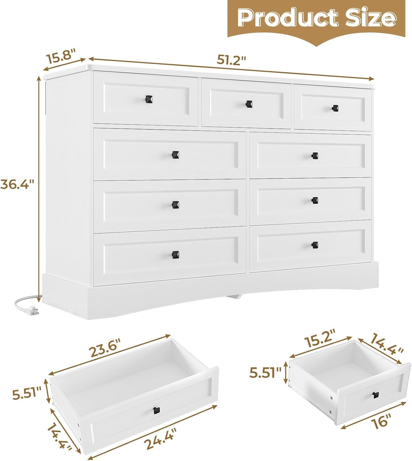 White Dresser With 9 Drawers And Charging Station Large