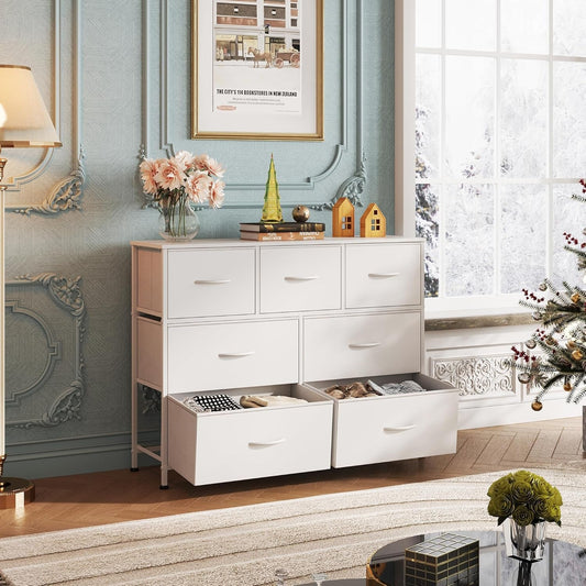 White Dresser With 7 Drawers Steel Frame Wood Top Bedroom Storage