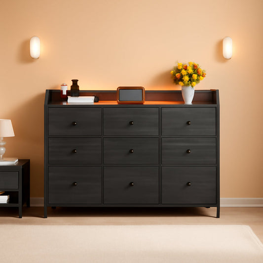 9 Drawer Dresser And TV Stand With LED Light For Bedroom