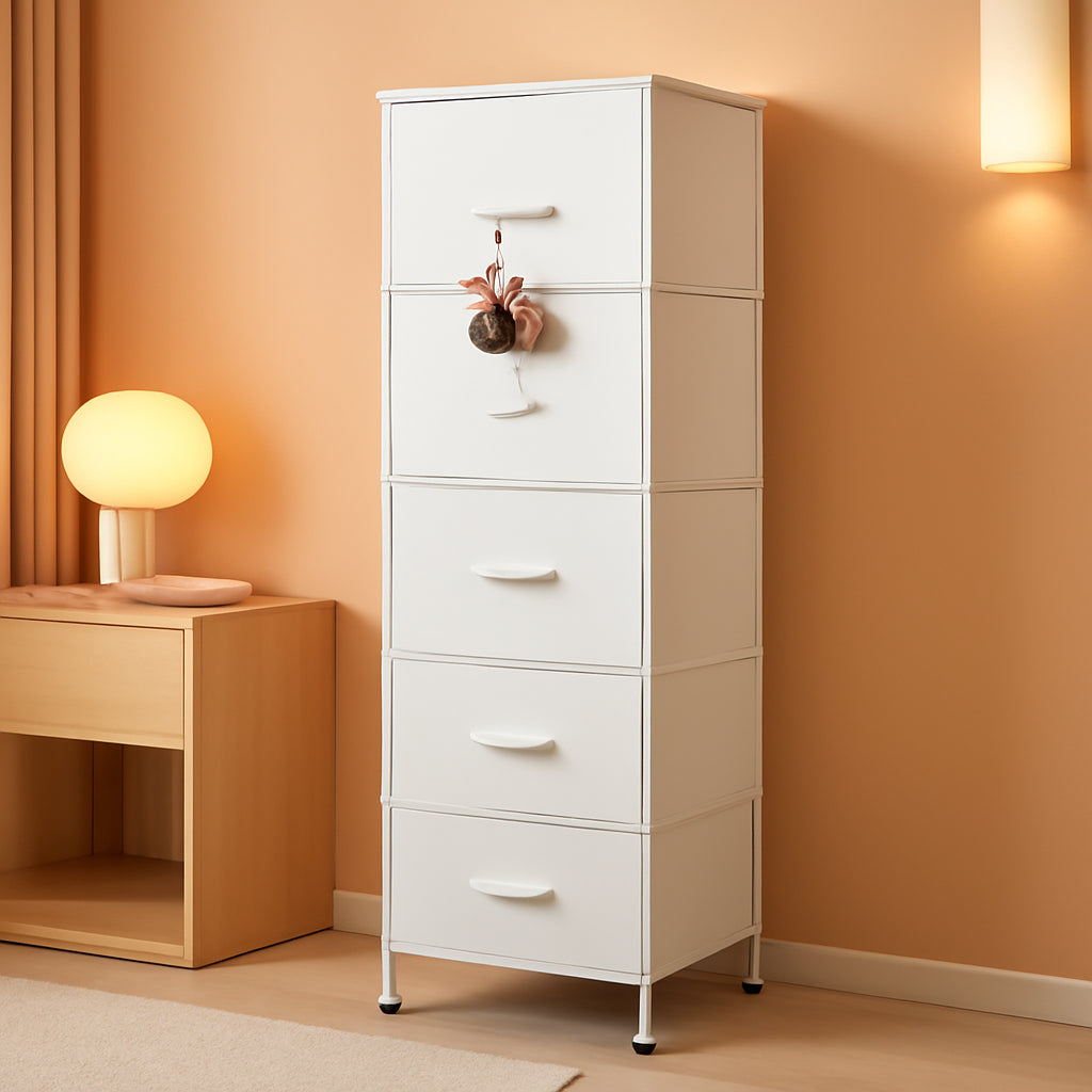Fabric Dresser For Bedroom With Tall White Finish Storage