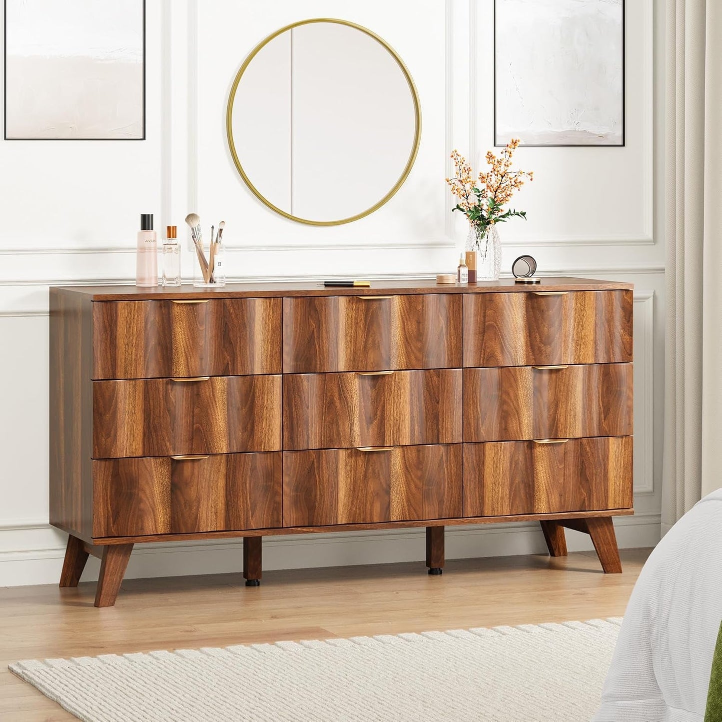Walnut 9 Drawer Dresser With Fluted Fronts For Bedroom