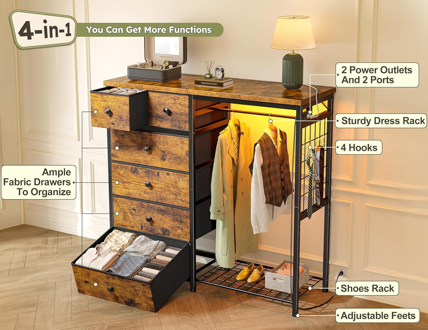 Brown Walnut Storage Dresser With RGB Lighting 49 Inch Wide