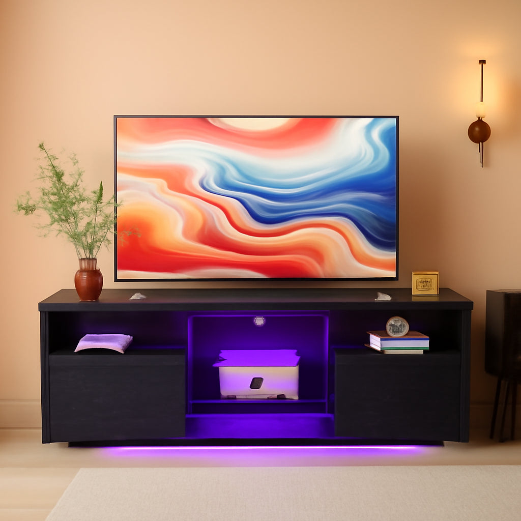 63 Inch LED TV Stand With Glass Shelves And Cabinet Doors