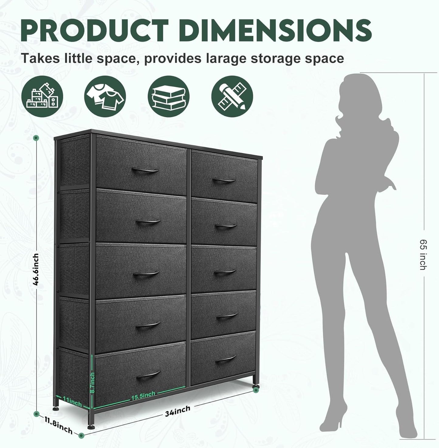 Dresser With 10 Drawers And Fabric Bins In Black Finish