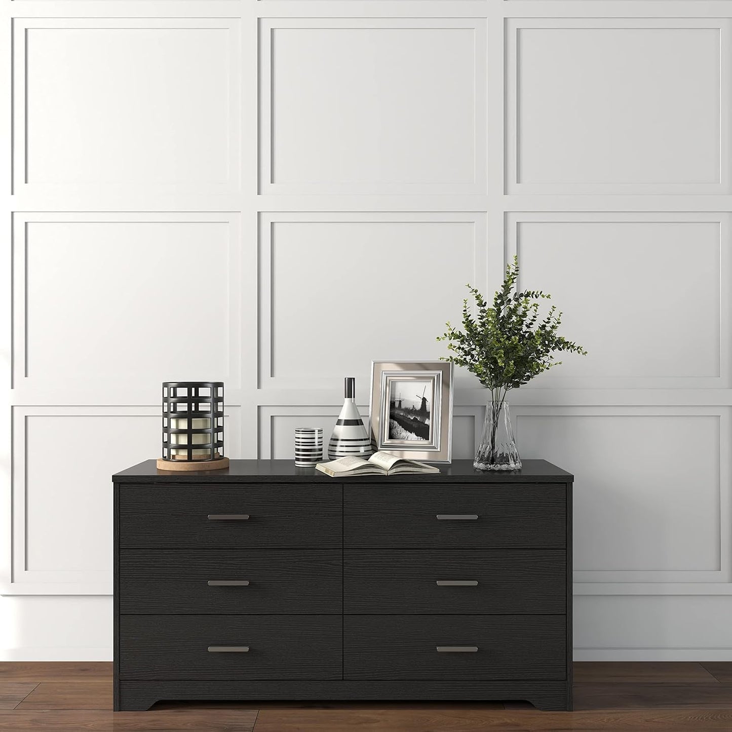 Wooden Six Drawer Dresser In Black For Living Room Bedroom
