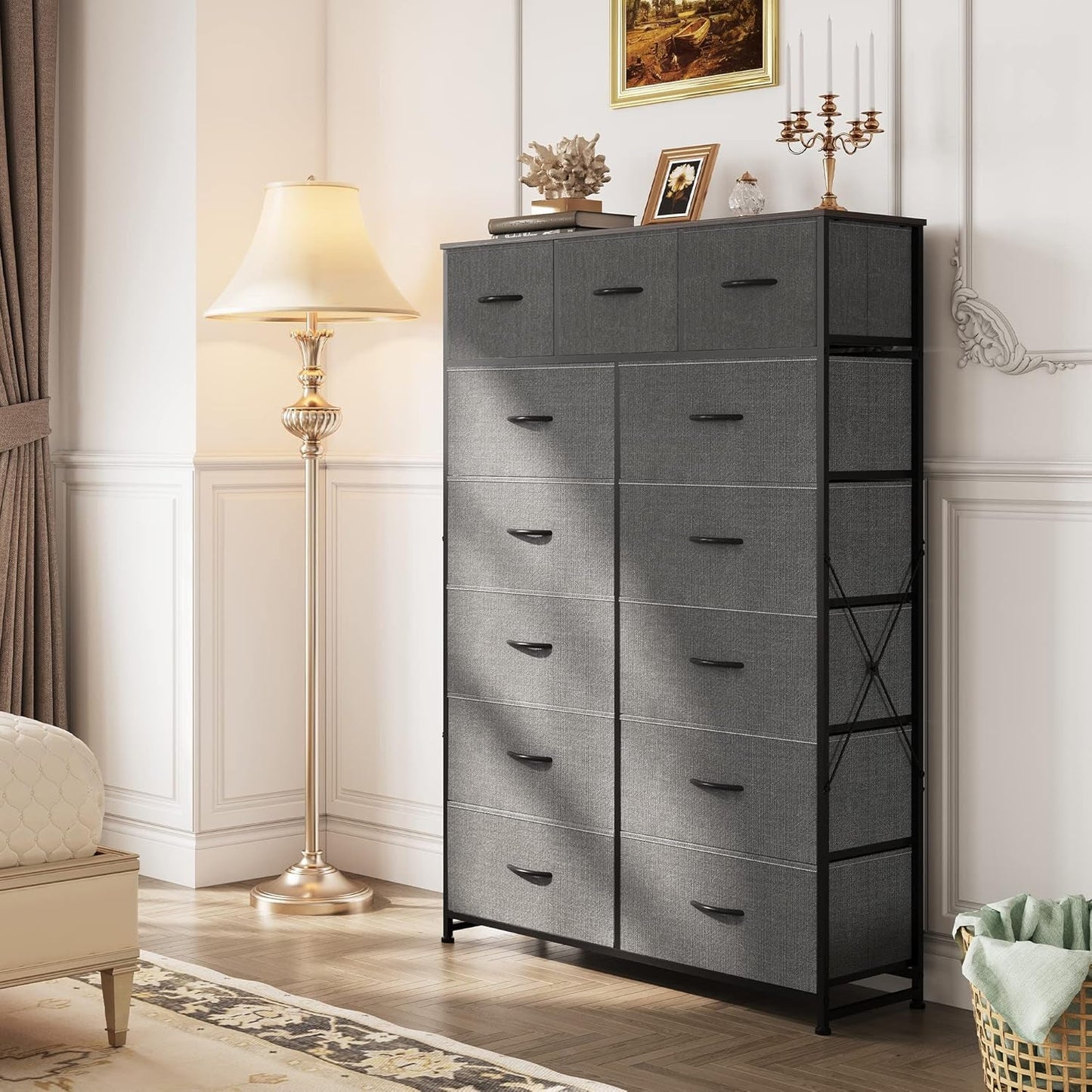Tall Dresser With 13 Drawers Dark Grey Fabric For Bedroom Storage