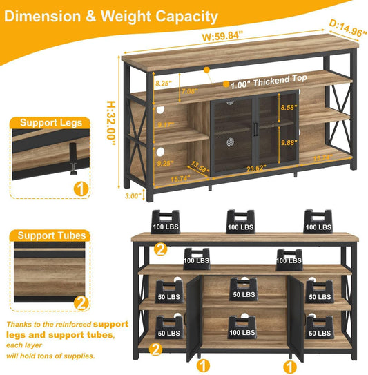 Tall TV Stand for 55-65 Inch TVs in Vintage Oak Rustic