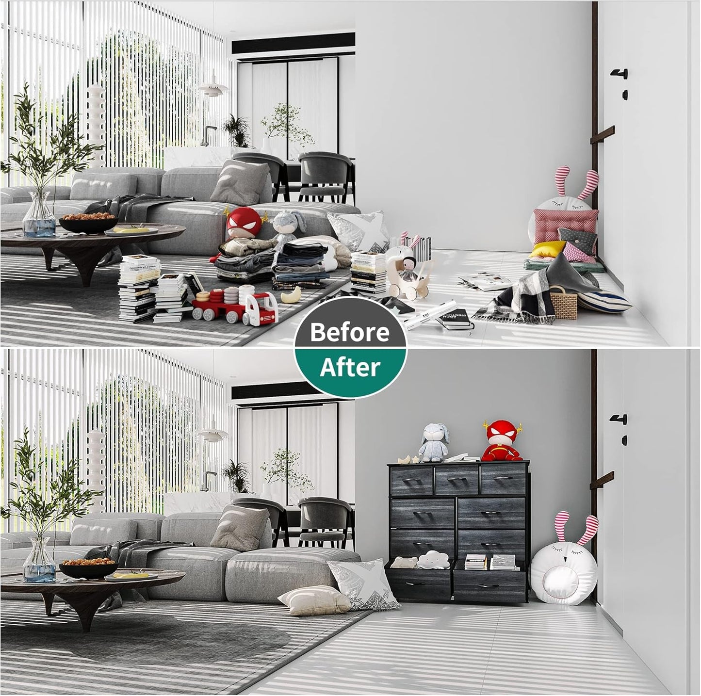 9 Drawer Dresser With Fabric Storage Tower And Wooden Top