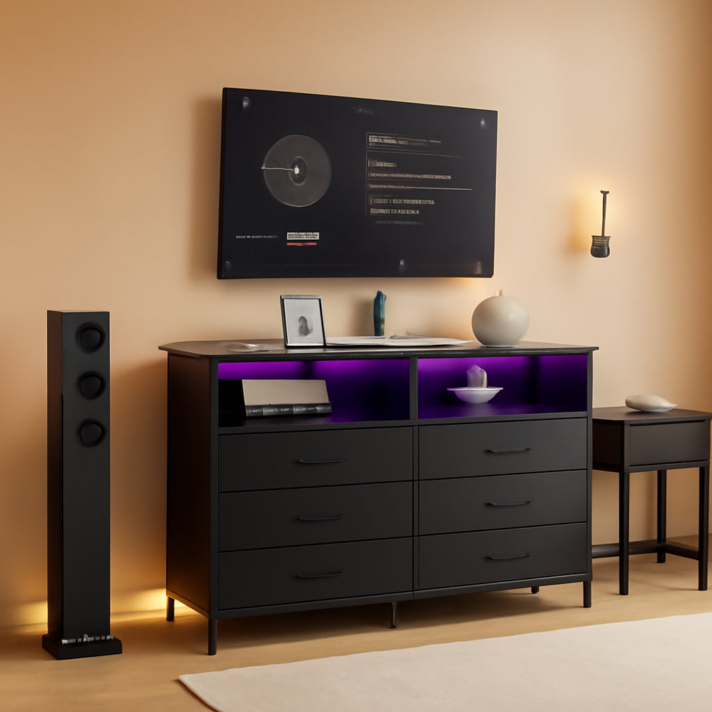 Black Dresser With LED Lights And Charging Station