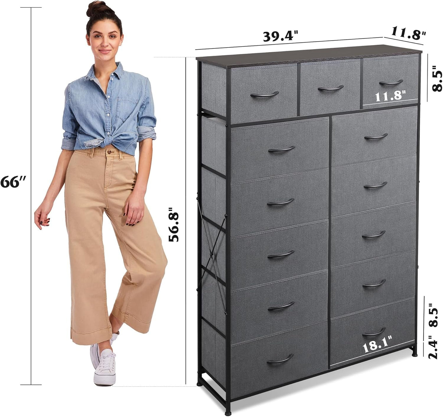 Tall Dresser With 13 Drawers Dark Grey Fabric For Bedroom Storage