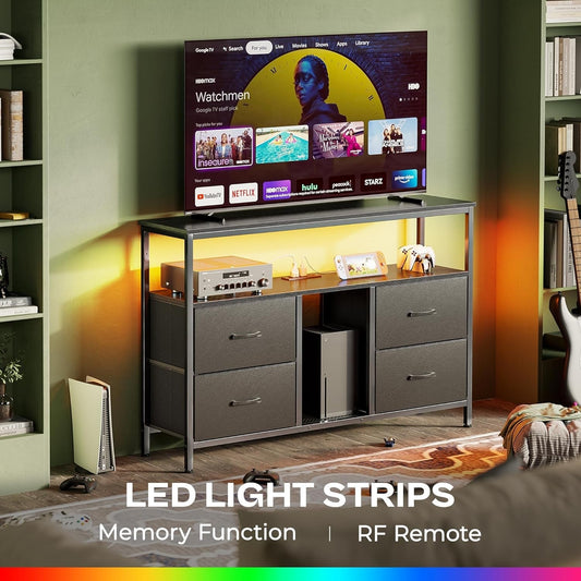 Black TV Stand With LED Lights And 2 AC Outlets And 2 USB Ports