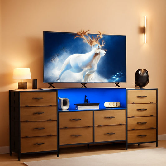 Twelve Drawer Dresser LED TV Stand Rustic Brown Finish