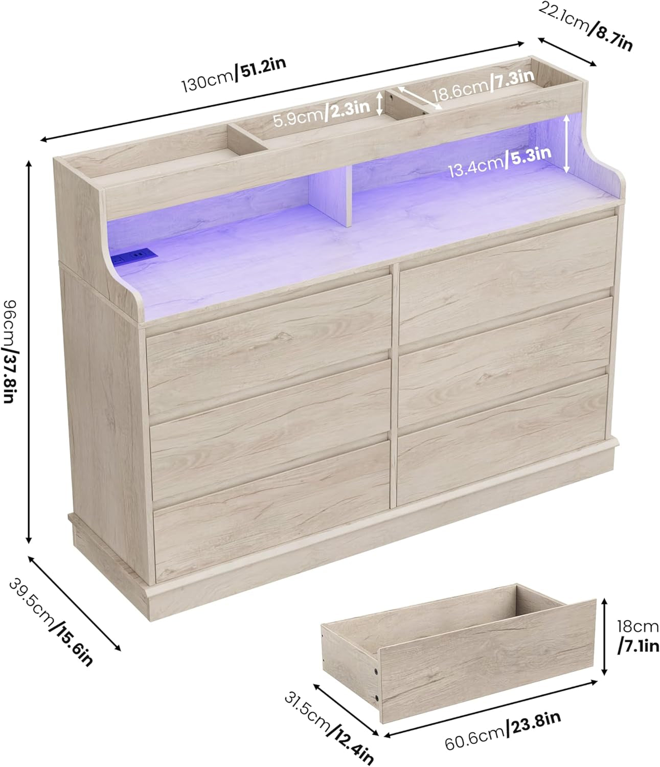 Oak Interlocking Six Drawer Dresser With LED Lighting