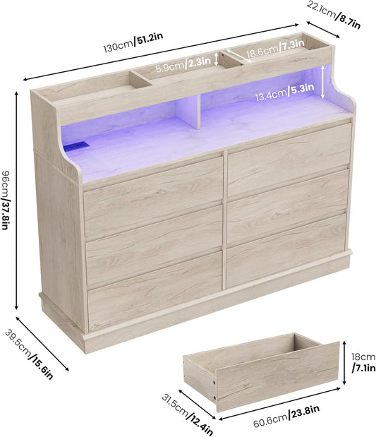 Oak Interlocking Six Drawer Dresser With LED Lighting