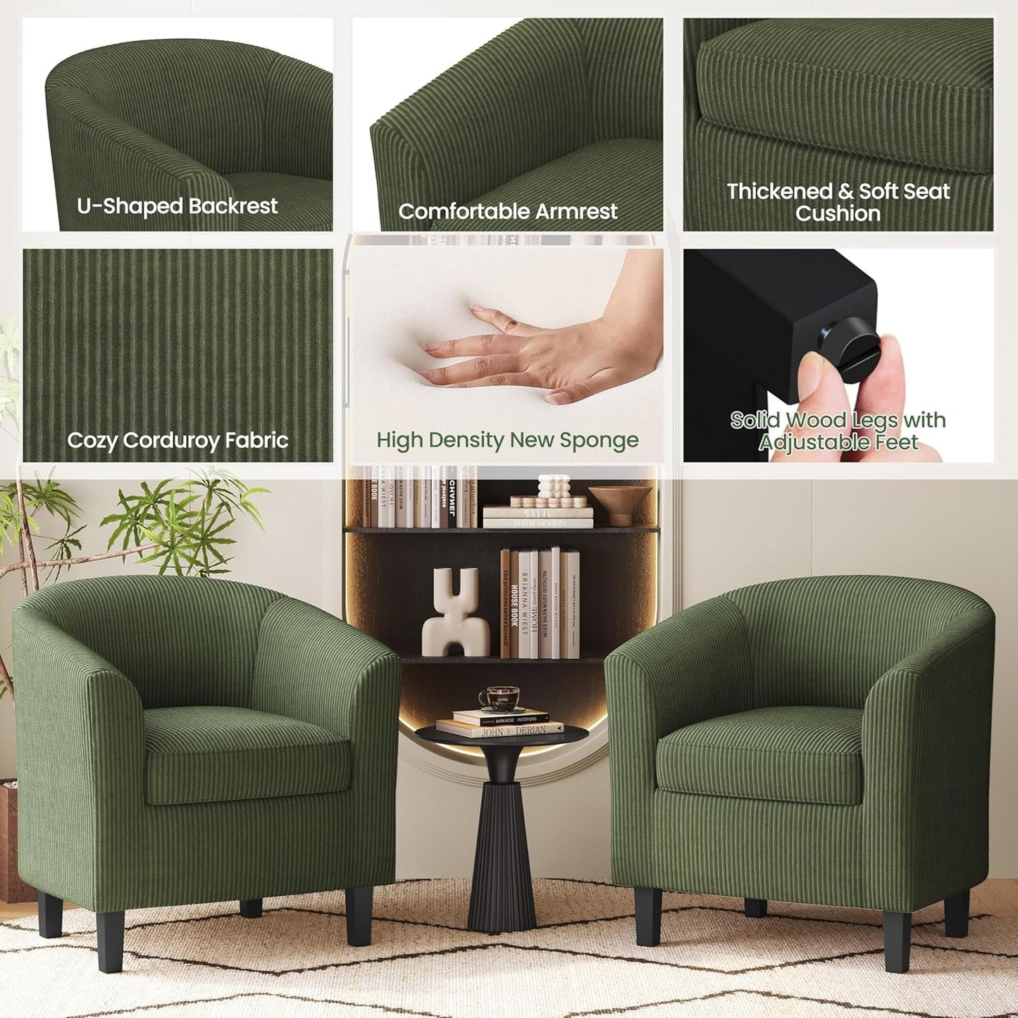 Corduroy Barrel Chairs Set of 2 Dark Green Upholstered