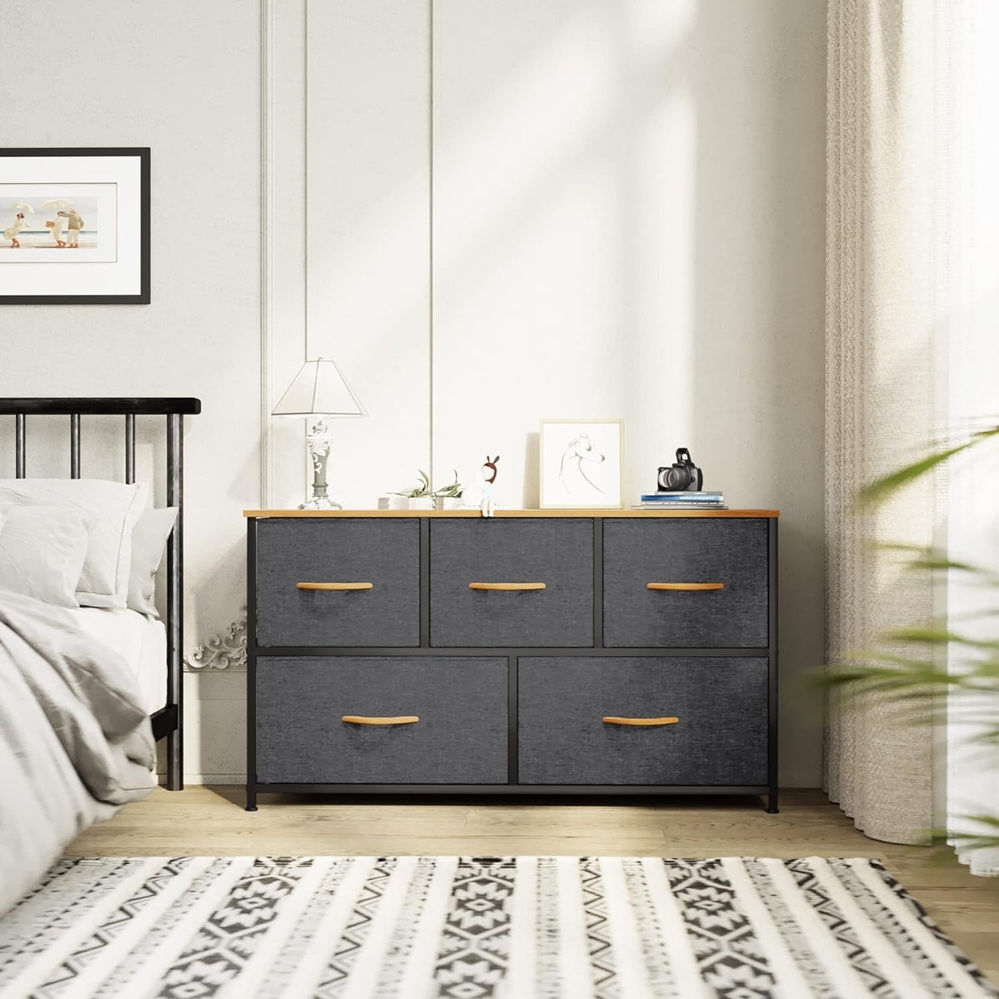 5-Drawer Fabric Storage Dresser With Wooden Top For Bedroom