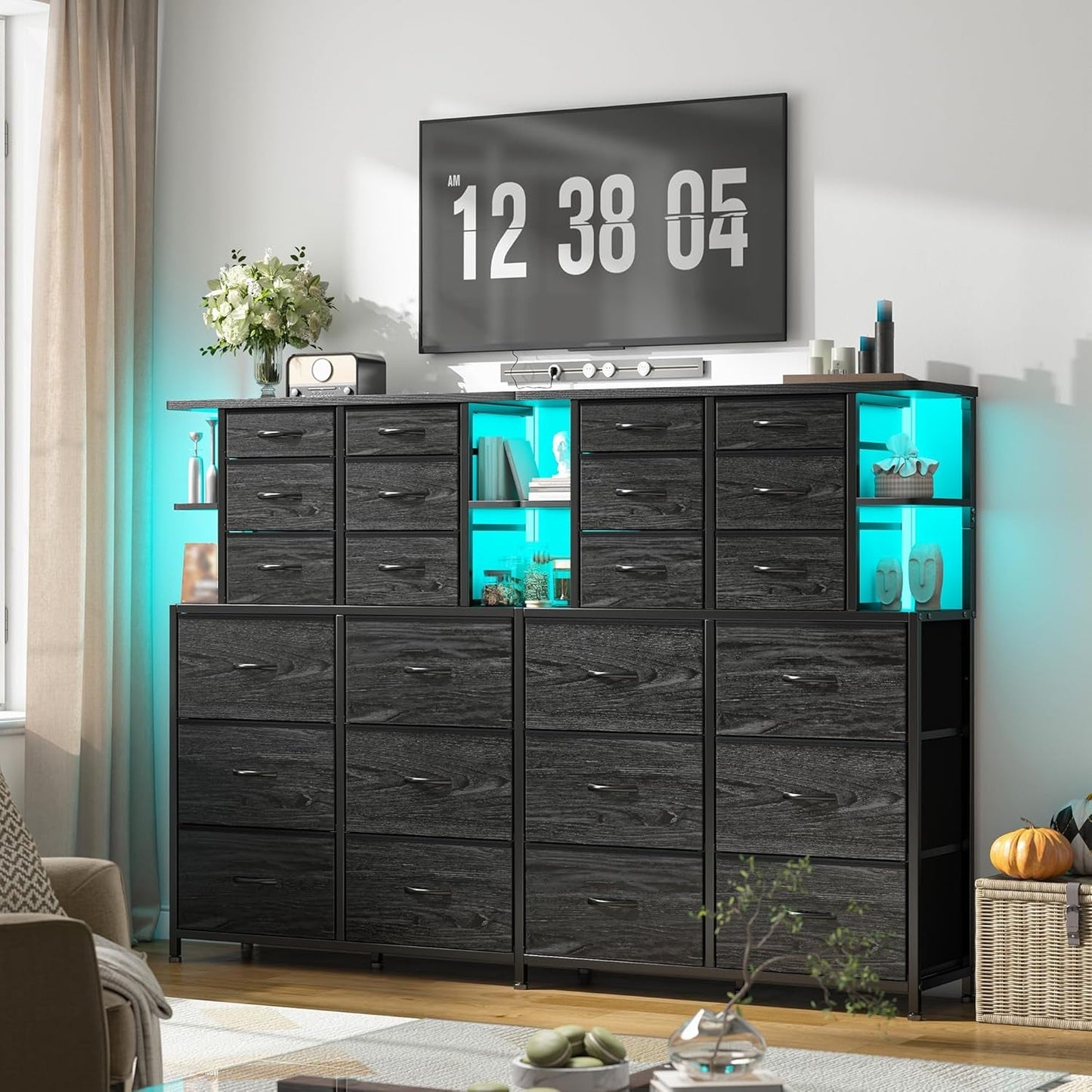 12 Drawer Dresser With Led Lights In Black Bedroom Storage Cabinet With Ample Drawer Space And Modern Metal Frame