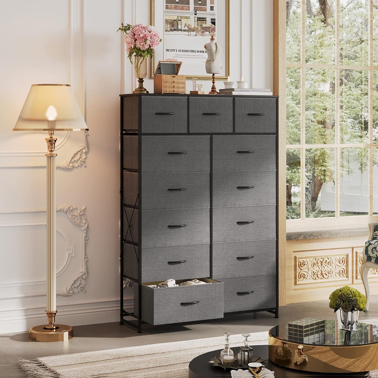 Tall Dresser With 13 Drawers Dark Grey Fabric For Bedroom Storage