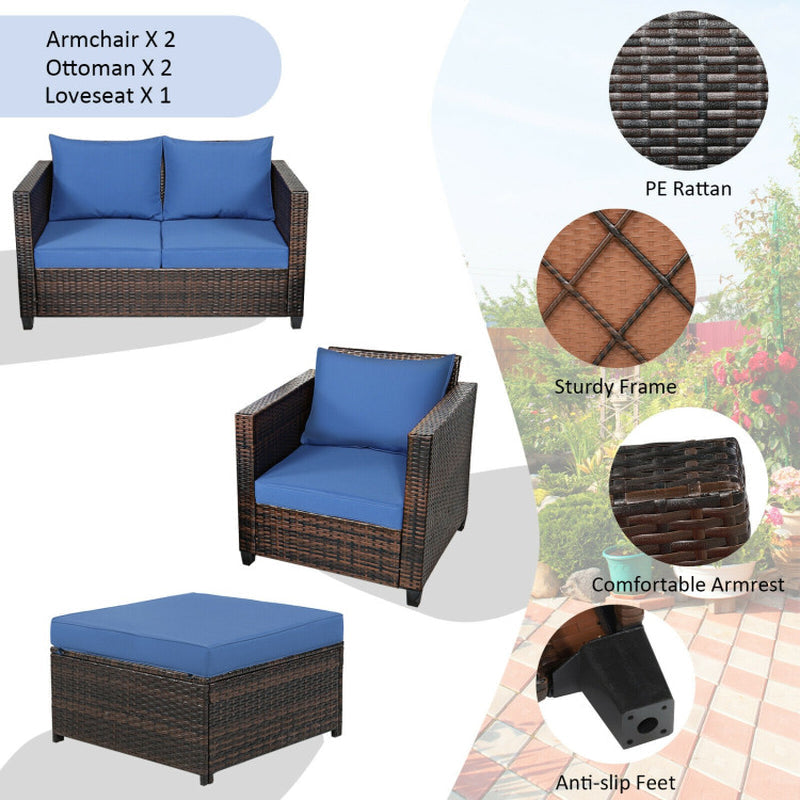 5 Piece Patio Rattan Furniture Set With Removable Cushions
