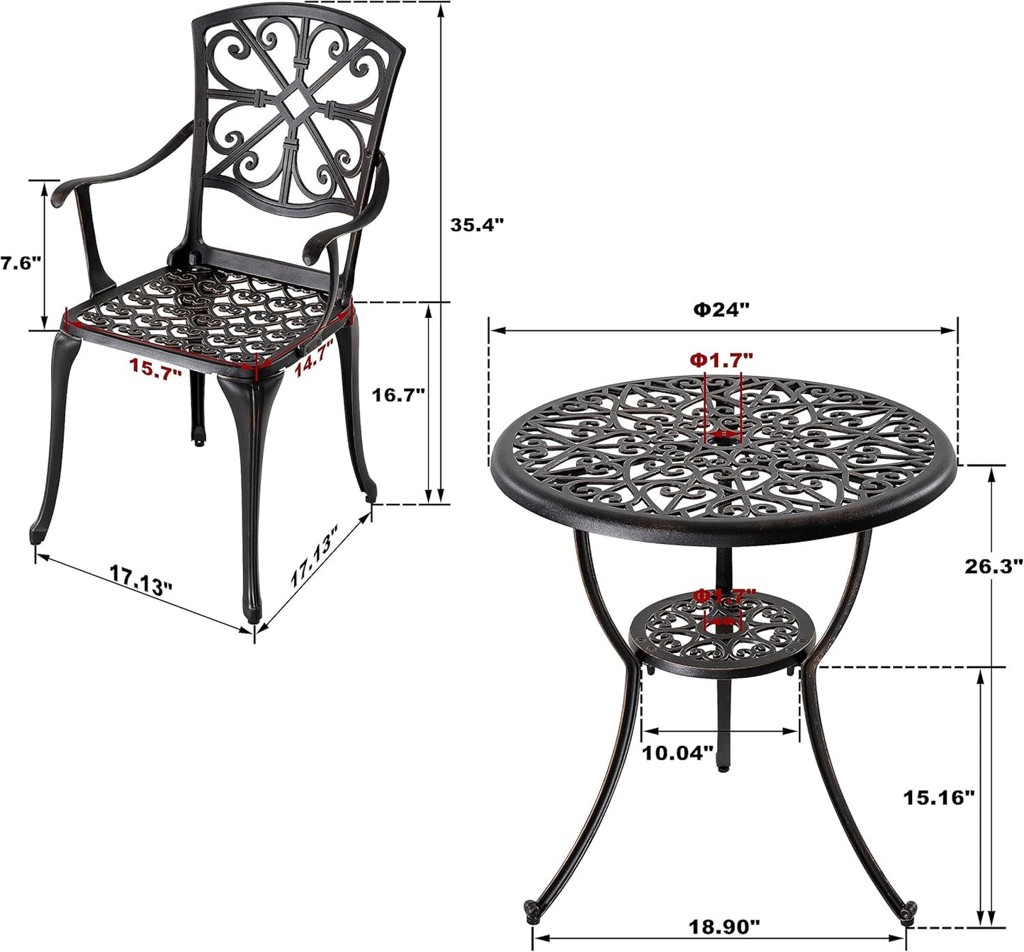 Black Bistro Set Umbrella Hole Cast Aluminum Outdoor Patio