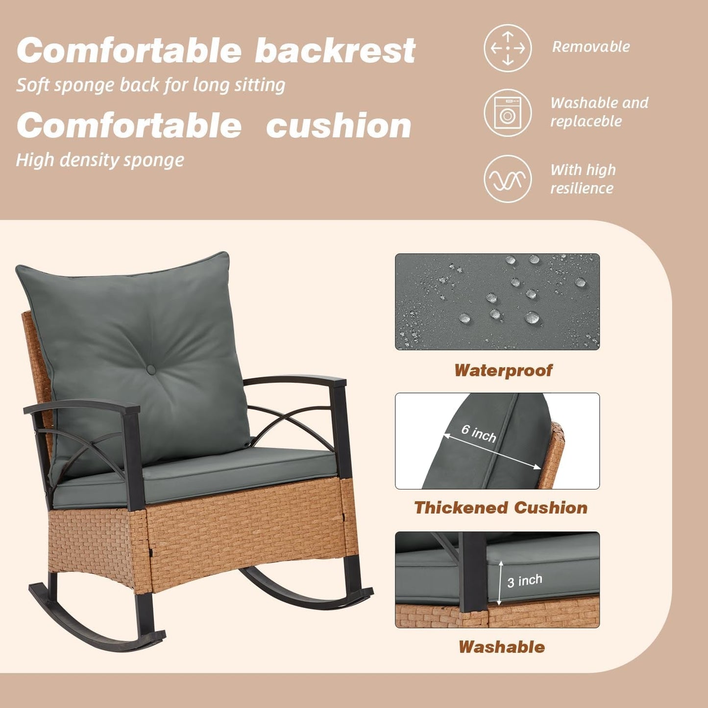 3 Piece Patio Rocking Chairs Set With Coffee Table Grey