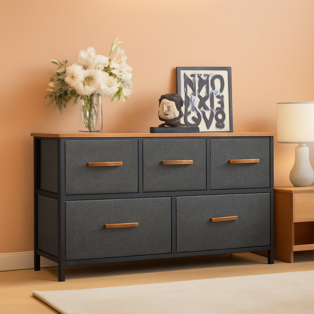 5-Drawer Fabric Storage Dresser With Wooden Top For Bedroom