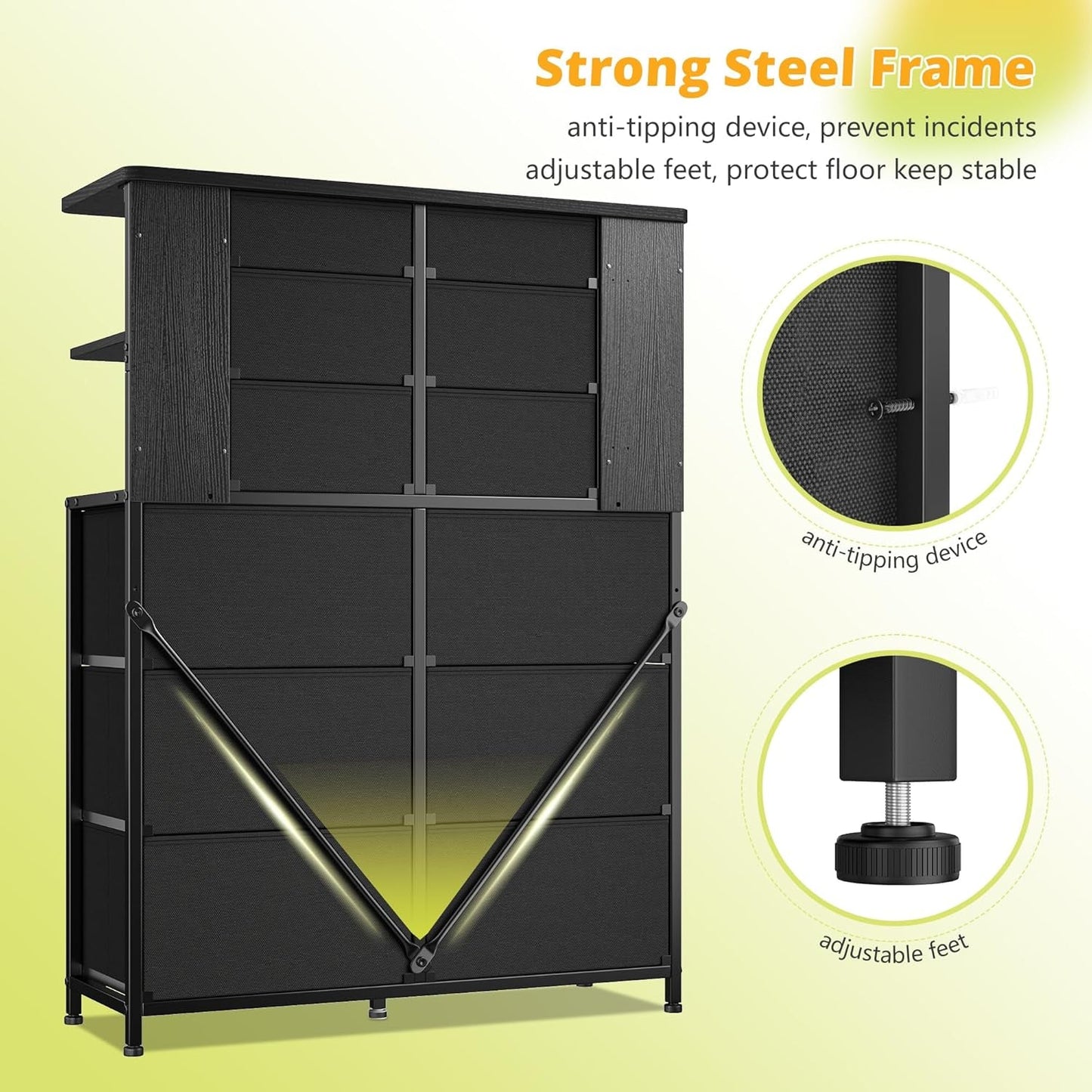 12 Drawer Dresser With Led Lights In Black Bedroom Storage Cabinet With Ample Drawer Space And Modern Metal Frame