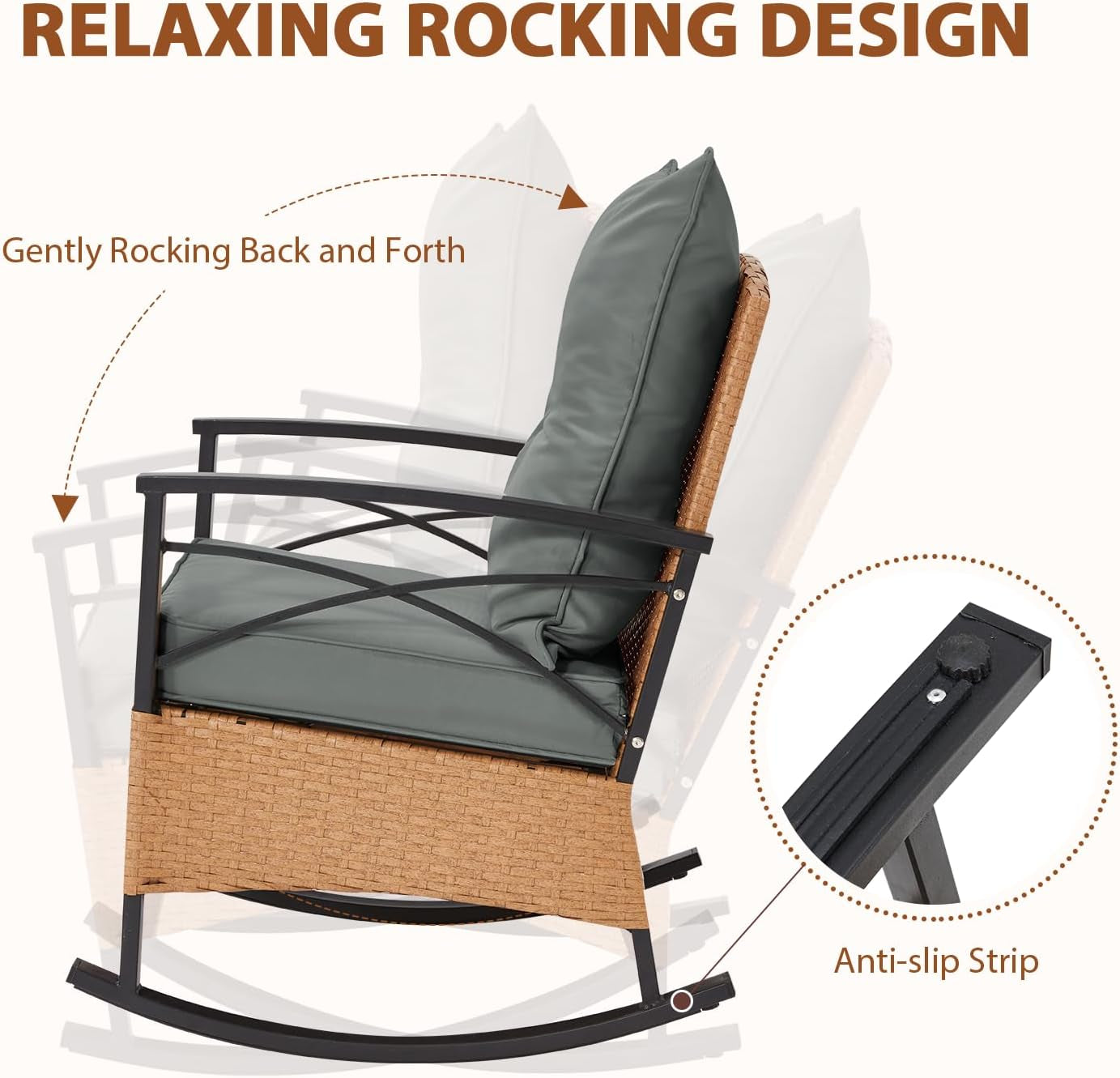 3 Piece Patio Rocking Chairs Set With Coffee Table Grey