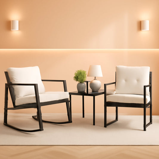 Beige 3 Piece Rocking Wicker Bistro Set With Glass Coffee Table For Patio Outdoor Furniture