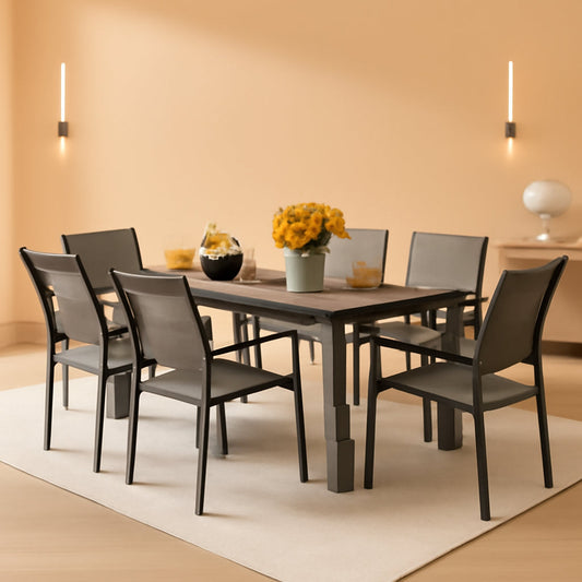 Patio Dining Set 7 Pieces Outdoor Table And 6 Textilene Chairs Light Grey