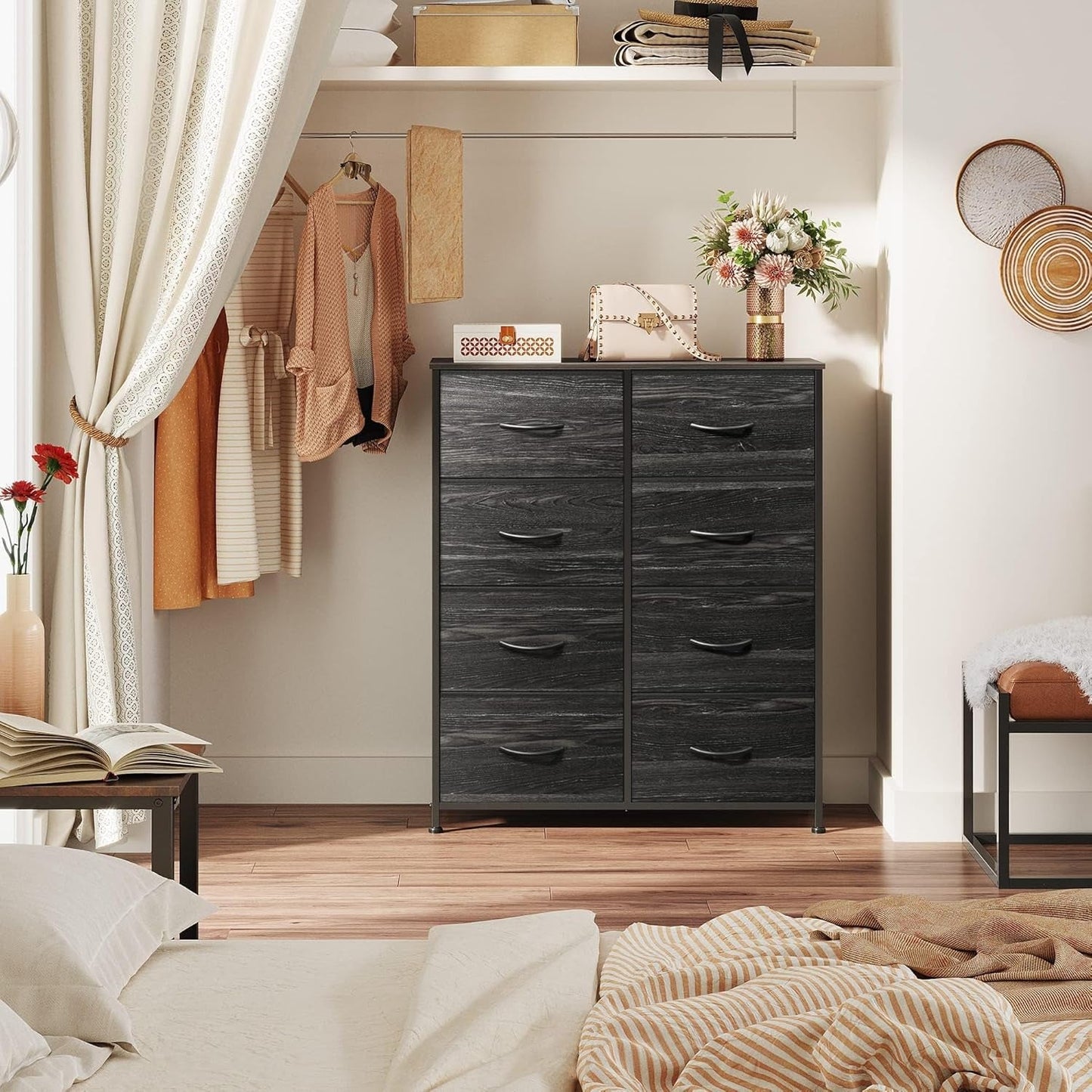 Tall Fabric Dresser With 8 Drawers In Charcoal Black Wood Grain