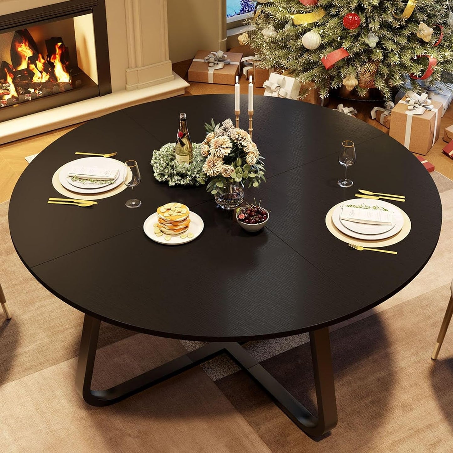 Circular Dining Table 51 Inch Black Oak Wood Finish