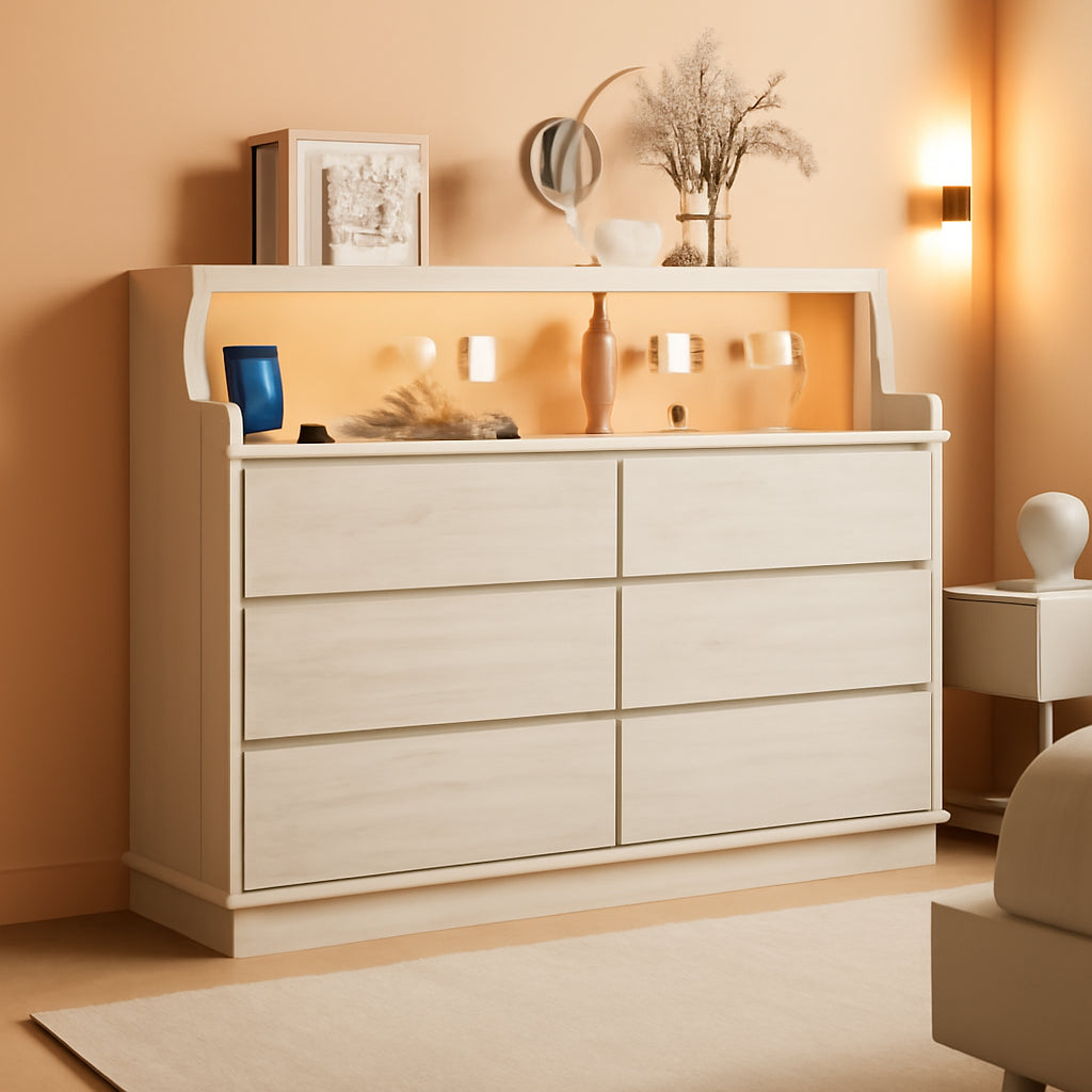 Oak Interlocking Six Drawer Dresser With LED Lighting