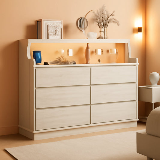 Oak Interlocking Six Drawer Dresser With LED Lighting
